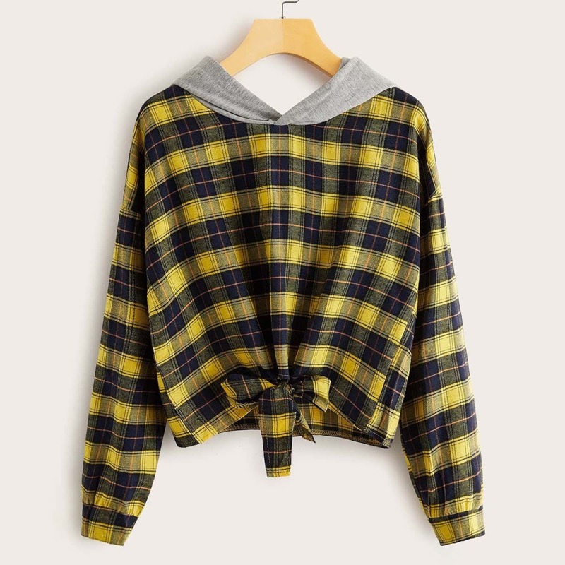 

Plaid Knot Hem Hooded Sweatshirt, Yellow