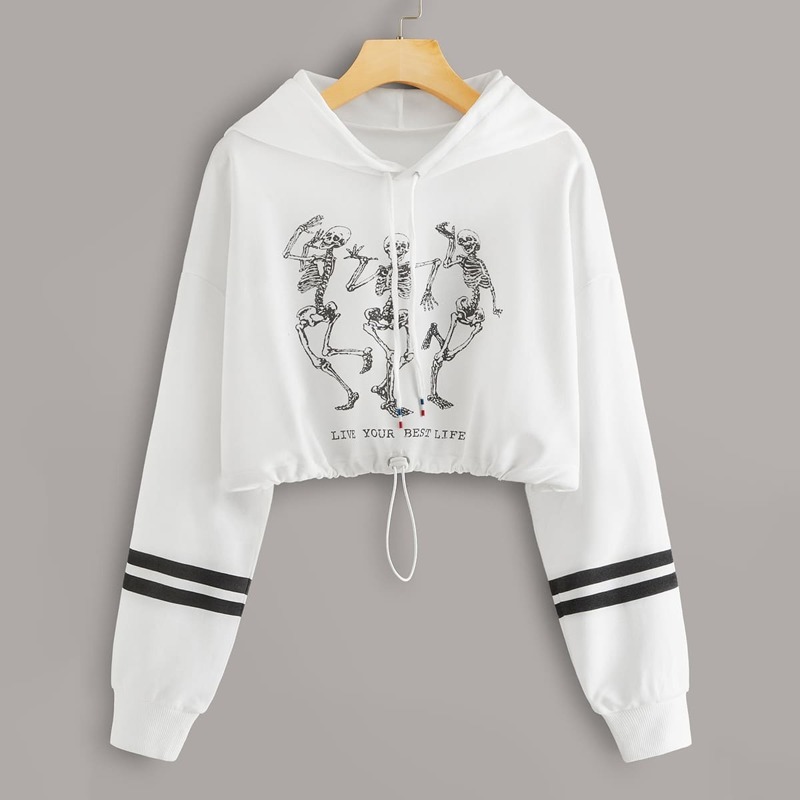 

Skull Print Drawstring Hem Crop Hoodie, White