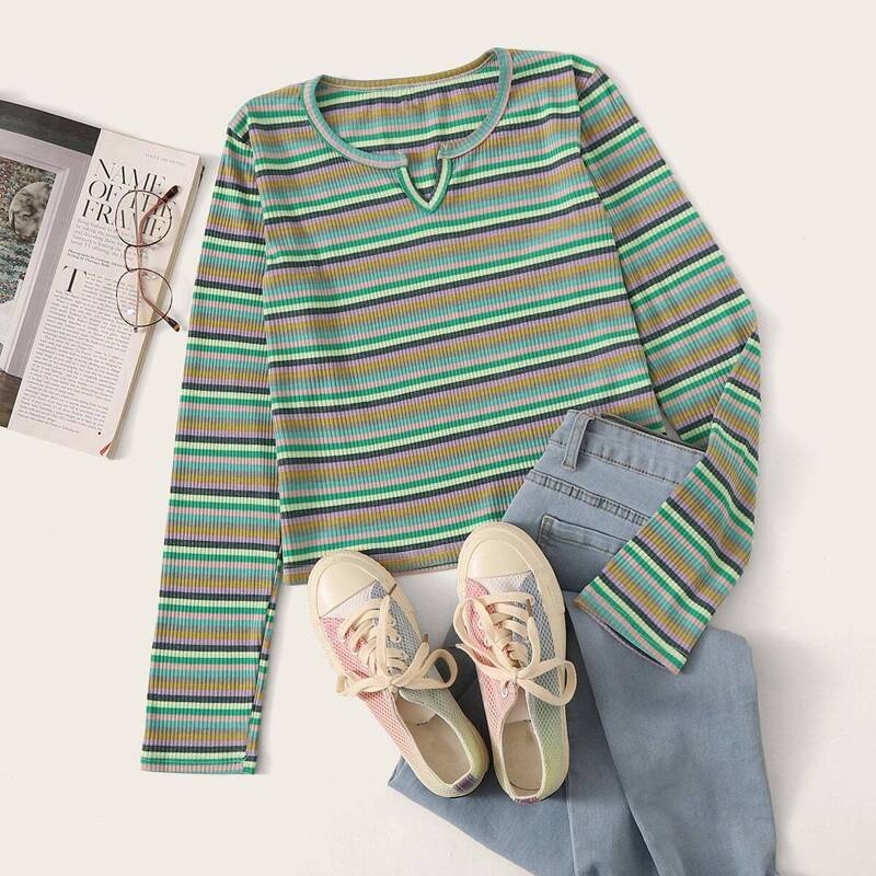 

Striped Notch Neck Ribbed Tee, Multicolor