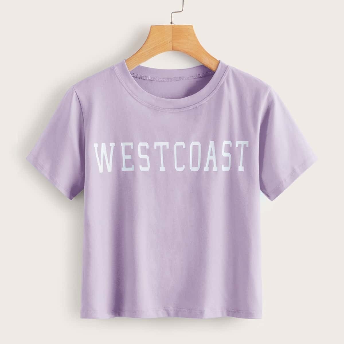 

Letter Print Short Sleeve Tee, Purple pastel