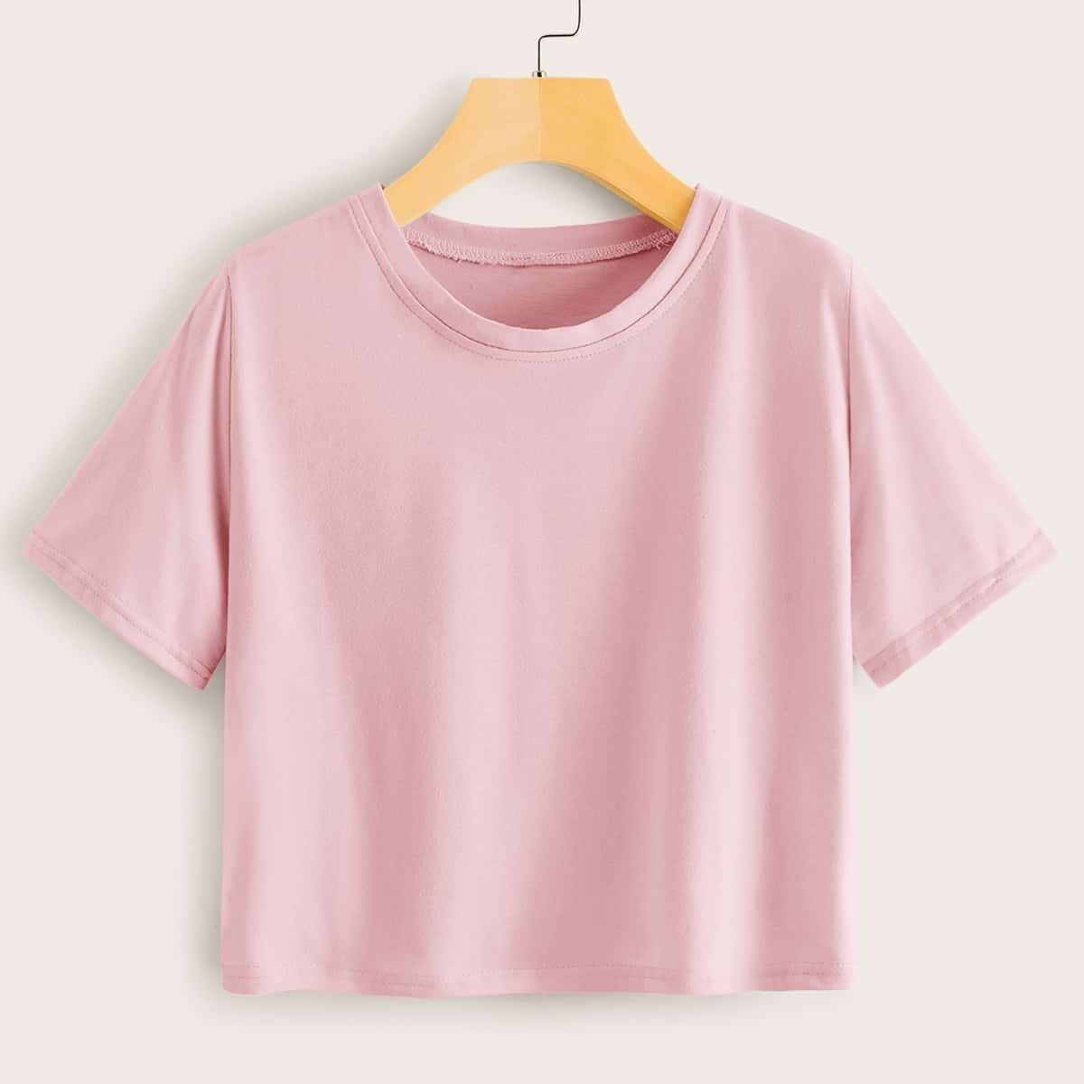 

Solid Short Sleeve Crop Tee, Pink pastel