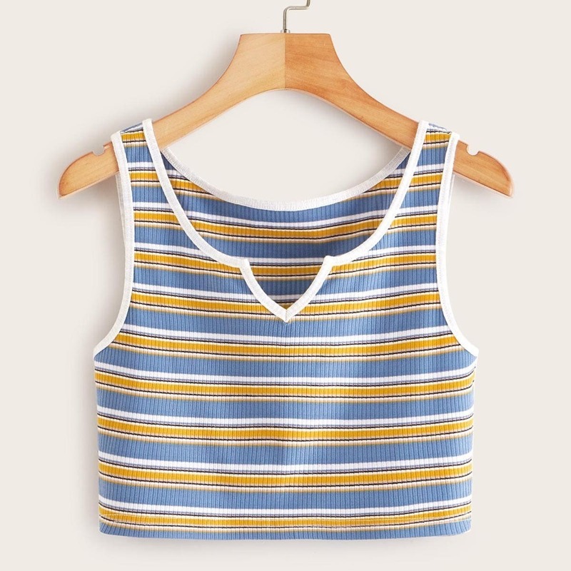 

Striped Notch Neck Ribbed Crop Tank Top, Multicolor