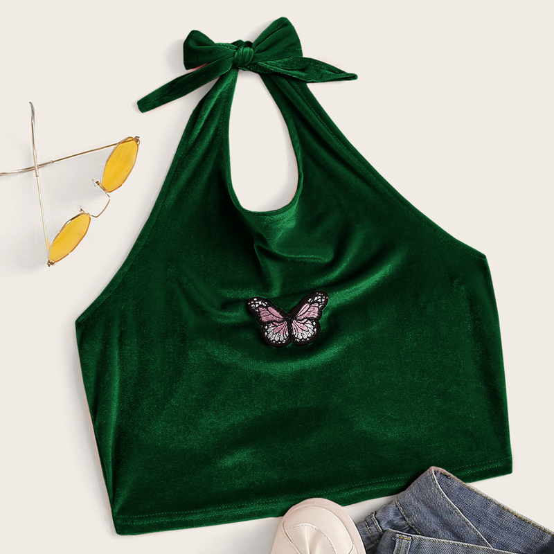 

Butterfly Patched Velvet Halter Top, Green