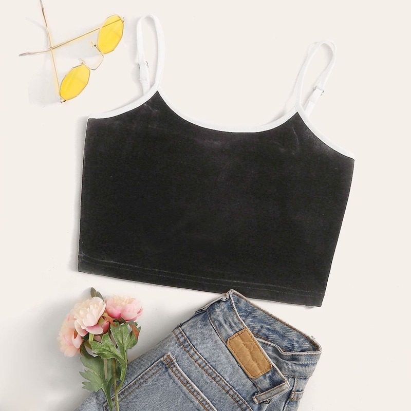 

Contrast Binding Velvet Cami Top, Black