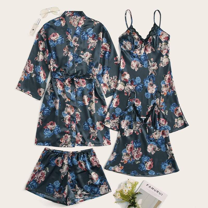 

4Pcs Floral Print Satin Cami Dress With PJ Set & Robe, Navy