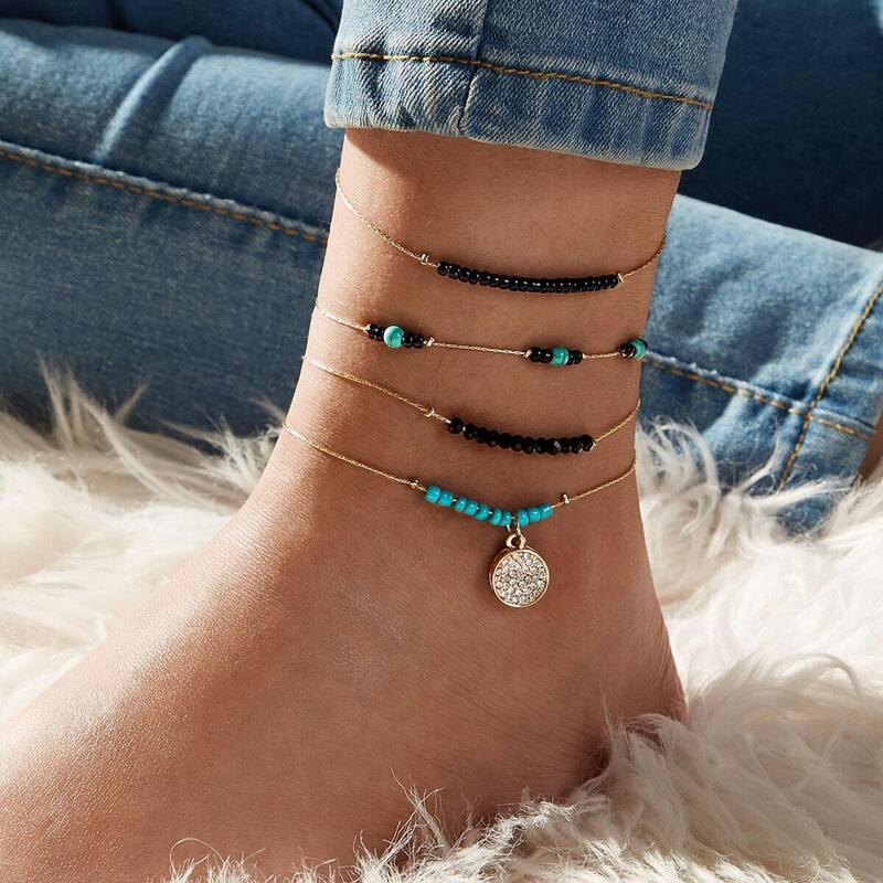

Rhinestone Engraved Round & Bead Decor Chain Anklet 4pcs, Multicolor