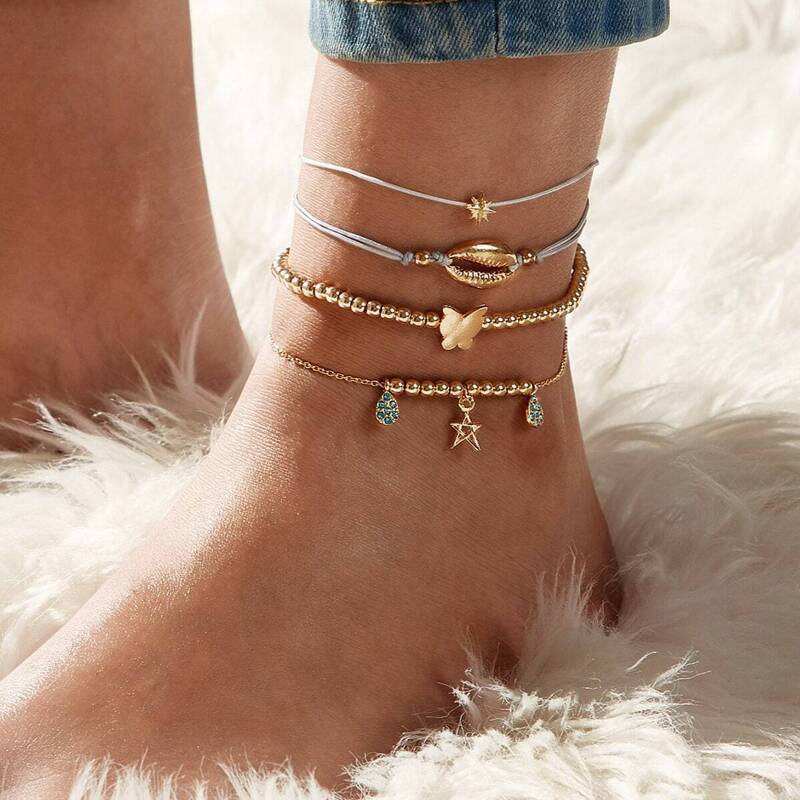 

Shell & Butterfly Decor Chain Anklet 4pcs, Gold