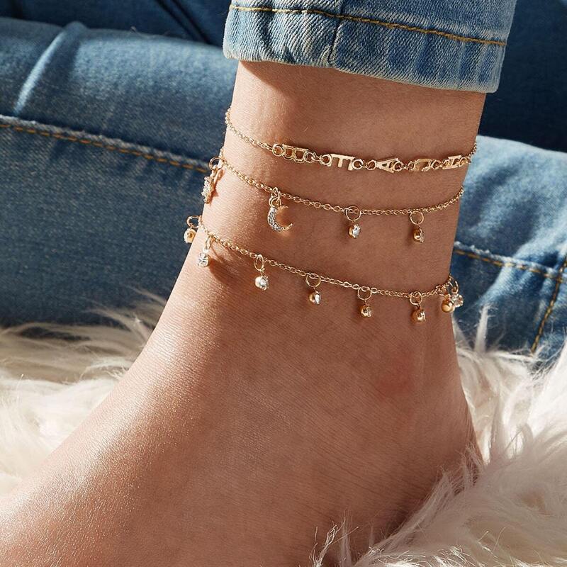 

Rhinestone Decor Star & Moon Charm Anklet 3pcs, Gold