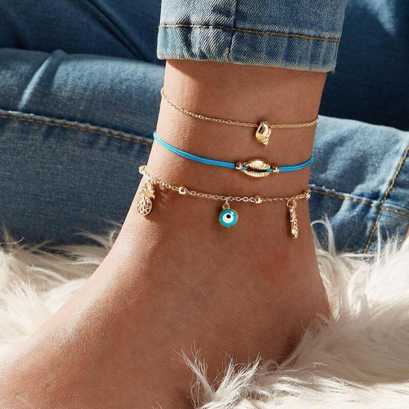 

Eye & Pineapple Charm Chain Anklet 3pcs, Multicolor