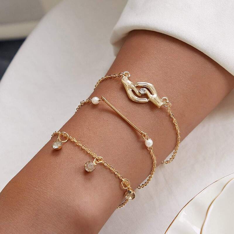 

Bar & Rhinestone Decor Chain Bracelet 3pcs, Gold