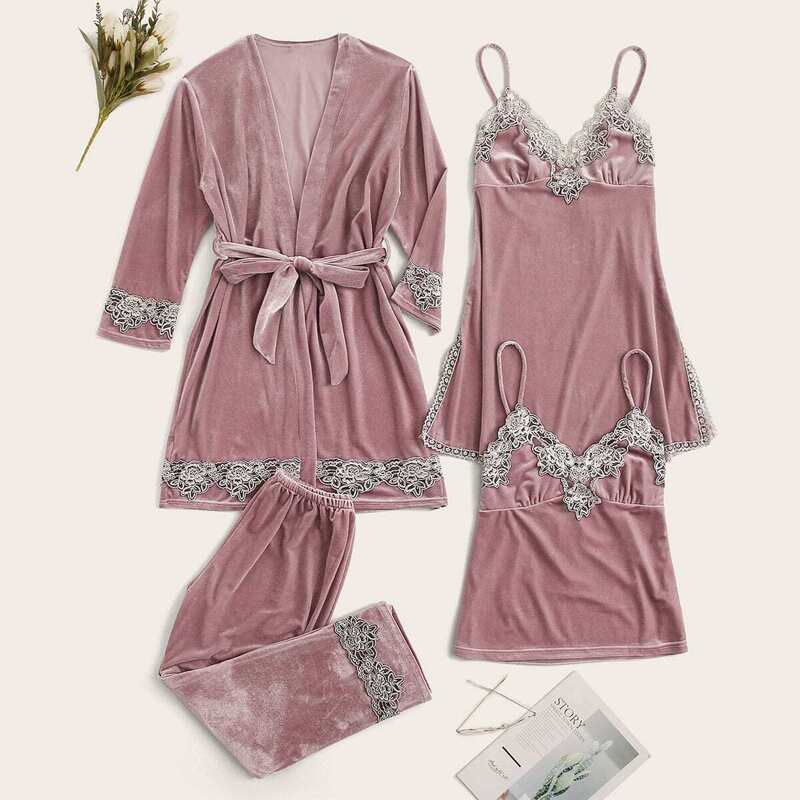 

4Pcs Lace Trim Velvet Cami Dress With PJ Set & Robe, Pink