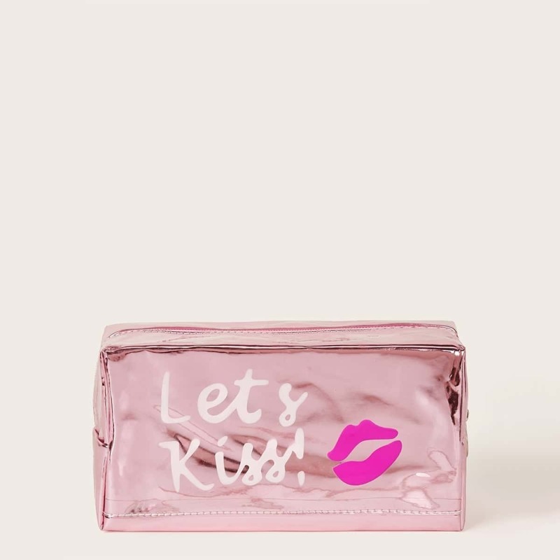 

Slogan & Mouth Pattern Makeup Bag, Pink