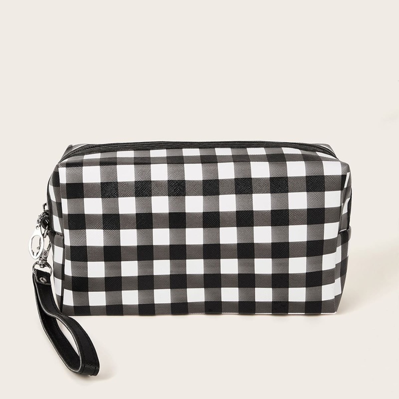 

Plaid Pattern Makeup Bag, Black and white