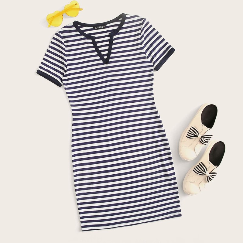 

Plus Notch Neck Striped Ringer Dress, Navy