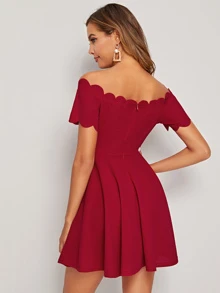SHEIN Clasi 貝殼邊合身和傘狀露肩連衣裙 - 酒紅色 - 查看 2