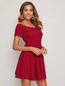 SHEIN Clasi 貝殼邊合身和傘狀露肩連衣裙 - 酒紅色 - 查看 5