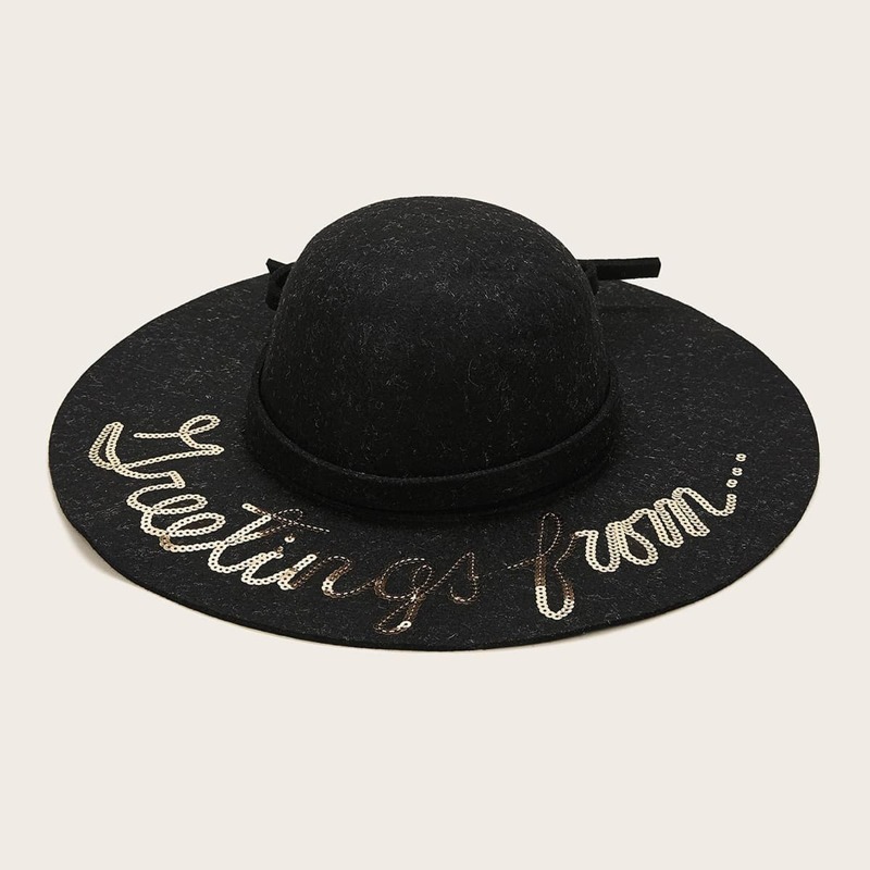 

Sequin Letter Decor Floppy Hat, Black