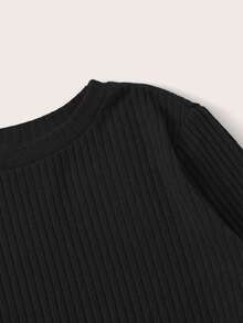 SHEIN Essnce Camiseta unicolor tejida de canalé - Negro - Ver 3
