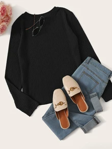 SHEIN Essnce Camiseta unicolor tejida de canalé - Negro - Ver 1