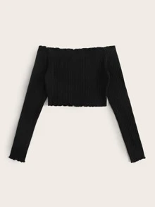 SHEIN EZwear Off Shoulder Lettuce Trim Letter Embroidery Top - Black - View 2