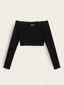 SHEIN EZwear Off Shoulder Lettuce Trim Letter Embroidery Top - Black - View 3