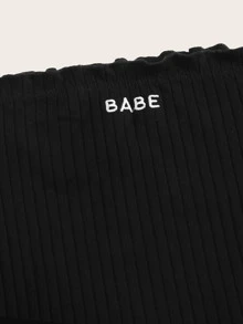 SHEIN EZwear Off Shoulder Lettuce Trim Letter Embroidery Top - Black - View 4