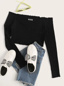 SHEIN EZwear Off Shoulder Lettuce Trim Letter Embroidery Top - Black - View 1