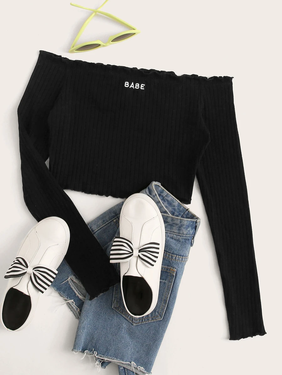 SHEIN EZwear Off Shoulder Lettuce Trim Letter Embroidery Top - Black - View 1