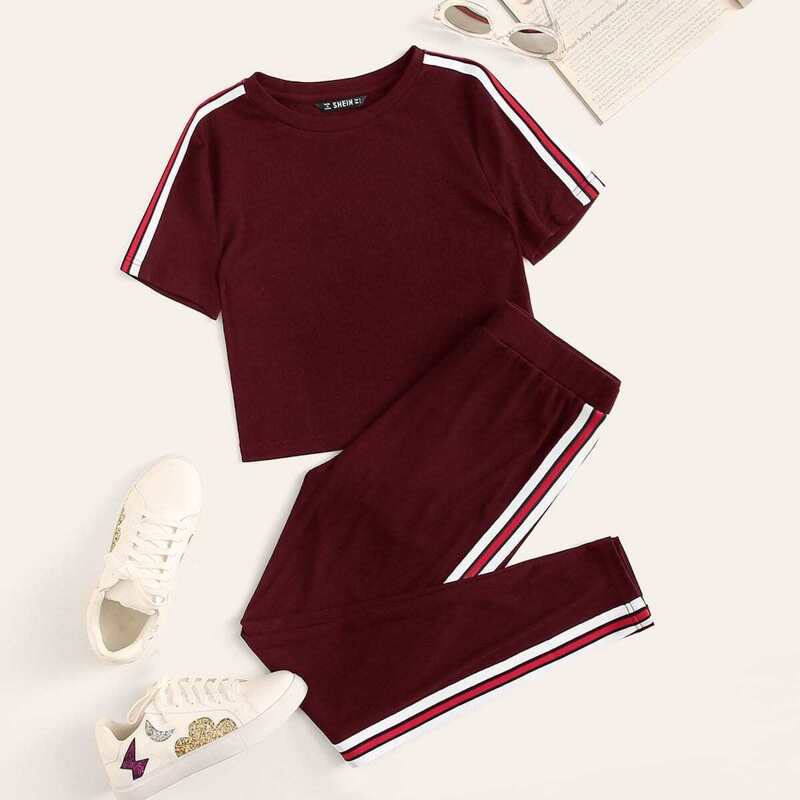 

Contrast Striped Tee & Pants Set, Burgundy