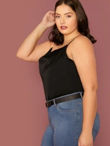 SHEIN BAE Plus Draped Neck Satin Cami Top - Black - View 3
