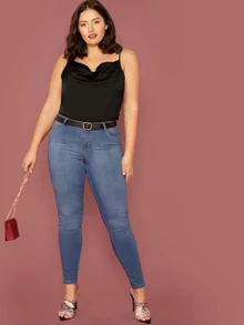 SHEIN BAE Plus Draped Neck Satin Cami Top - Black - View 5