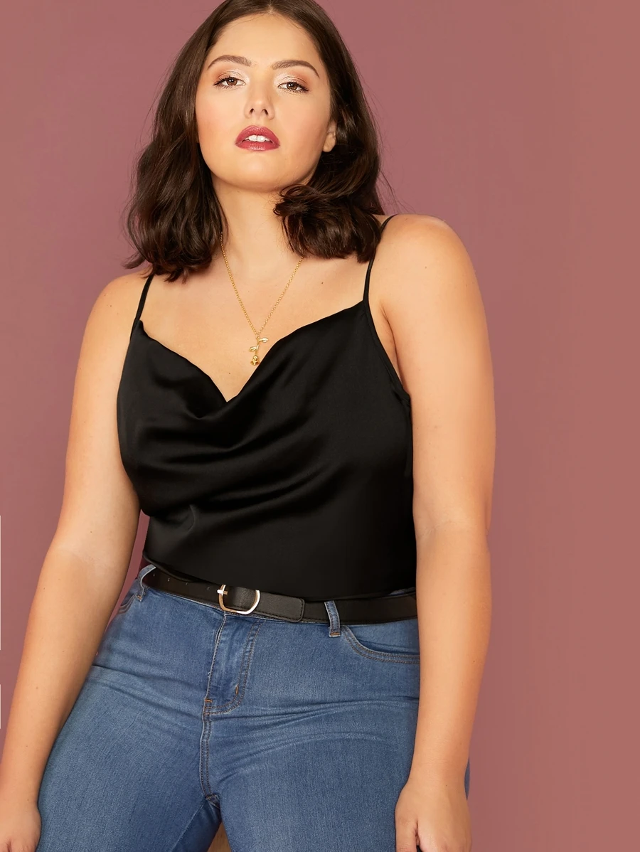 SHEIN BAE Plus Draped Neck Satin Cami Top - Black - View 1