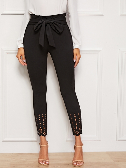 SHEIN Tied Paperbag Waist Scallop Edge Laser Cut Pants