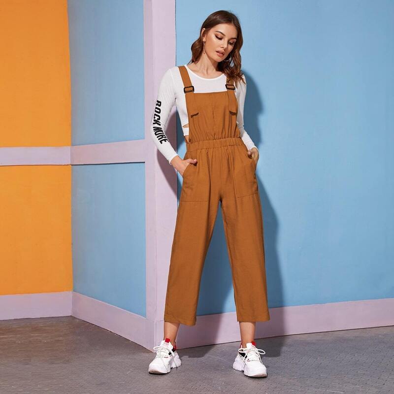 

Solid Dual Pocket Pinafore Jumpsuit, Brown