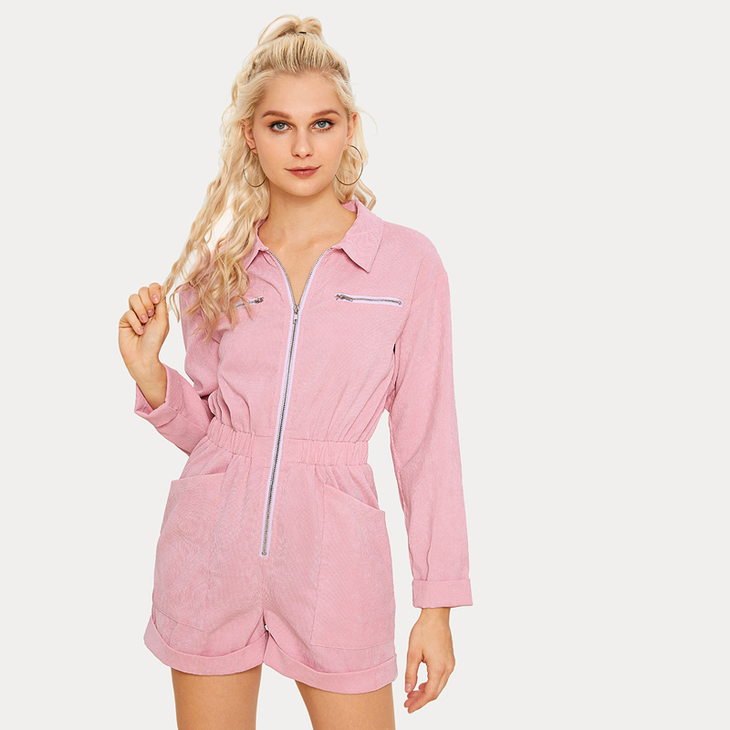 

Rolled Hem Zip Front Corduroy Romper, Pink