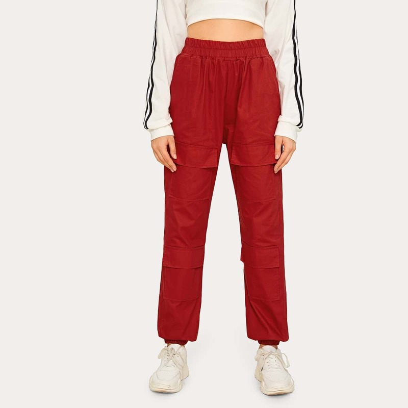 

Elastic Waist Pocket Side Cargo Pants, Red