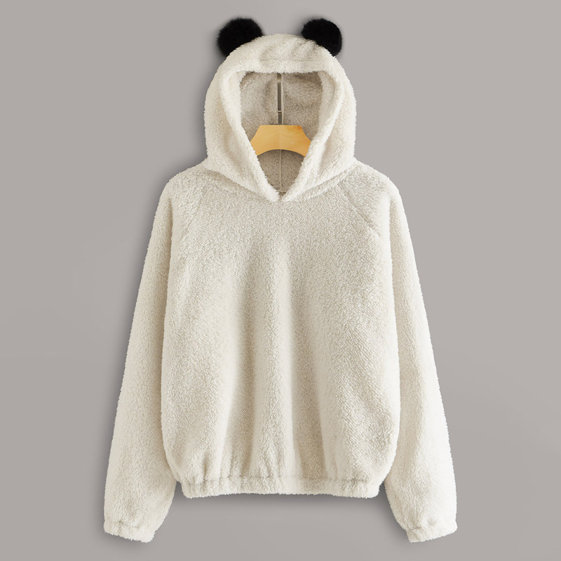 

Raglan Sleeve Pompom Teddy Hoodie, Beige