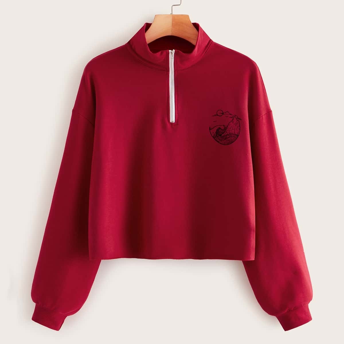 

Half Zip Graphic Print Sweatshirt, Red