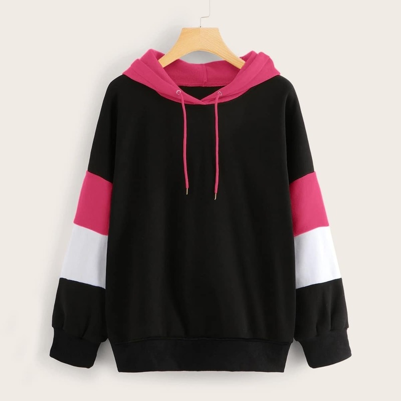 

Drop Shoulder Contrast Panel Drawstring Hoodie, Black