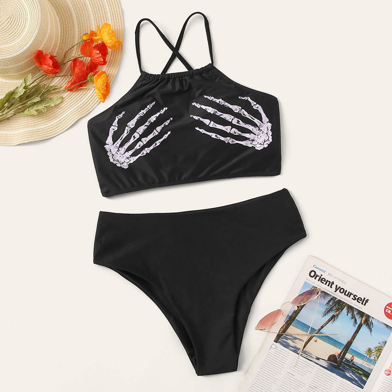 

Skeleton Hands Lace Up Back Bikini Set, Black