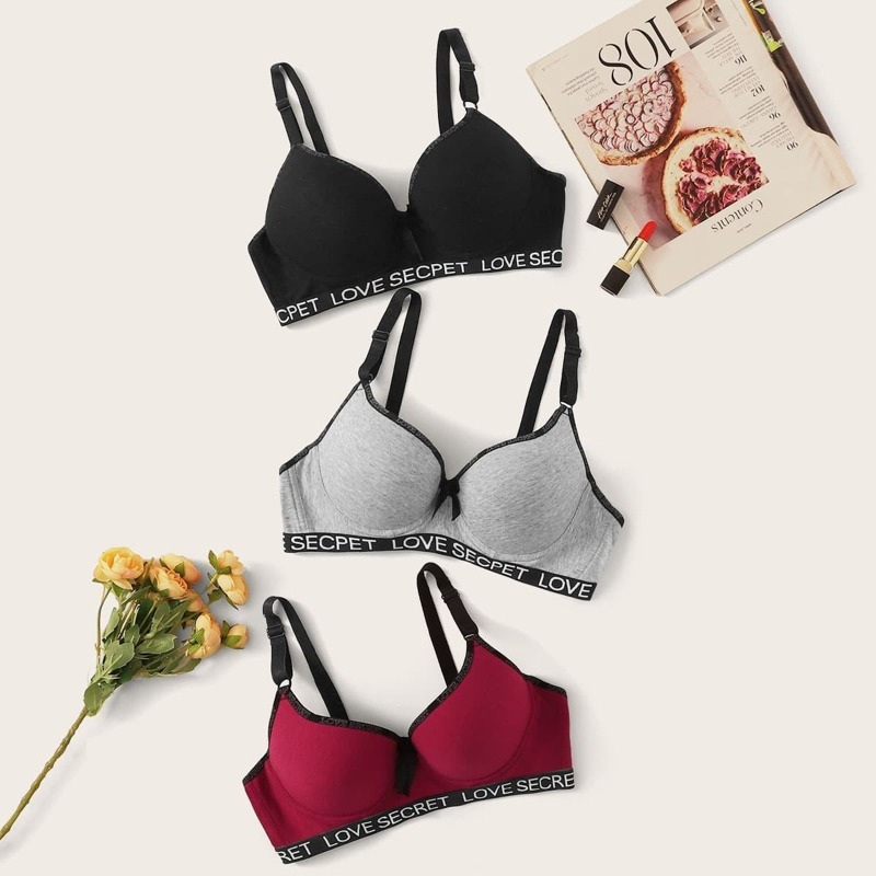 

Letter Tape Underwire Bra Set 3pack, Multicolor
