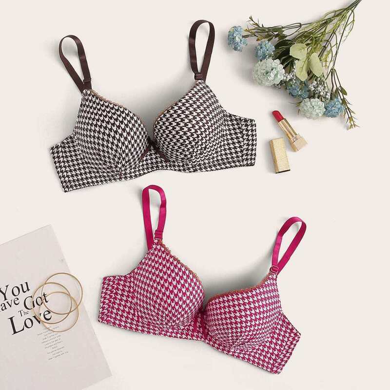 

Houndstooth Print Underwire Bra Set 2pack, Multicolor