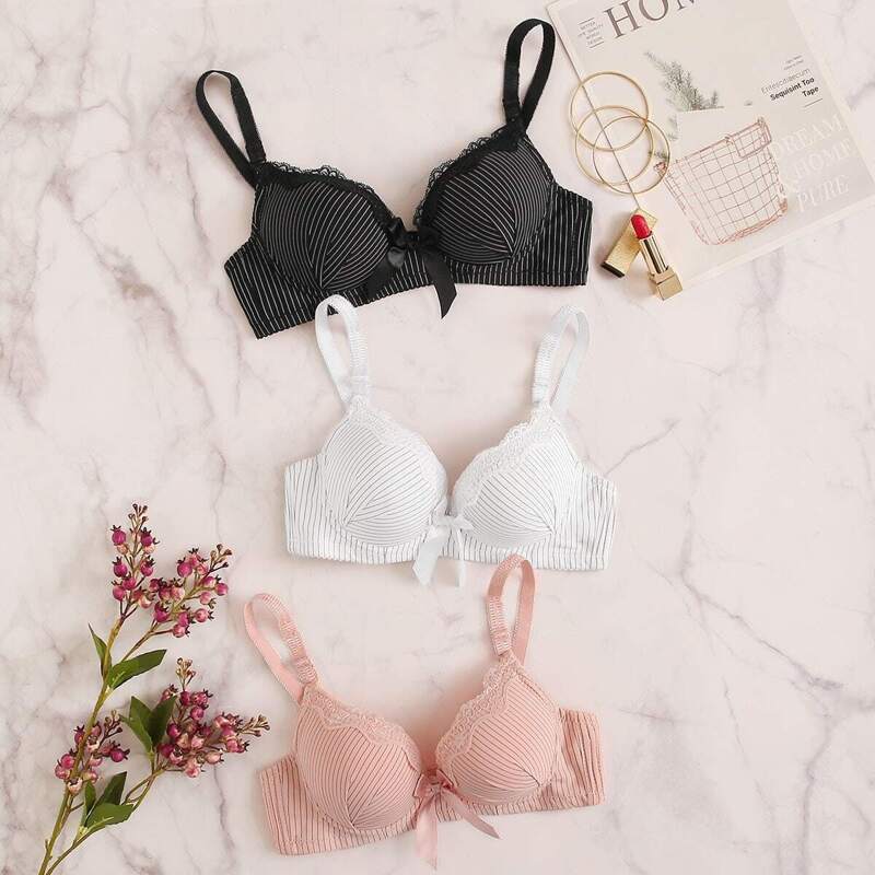 

Striped Lace Trim Bra Set 3pack, Multicolor