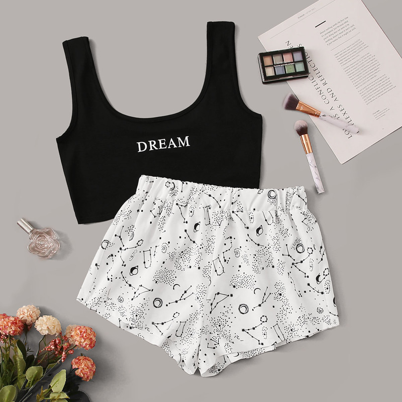 

Letter & Galaxy Print Pajama Set, Black and white