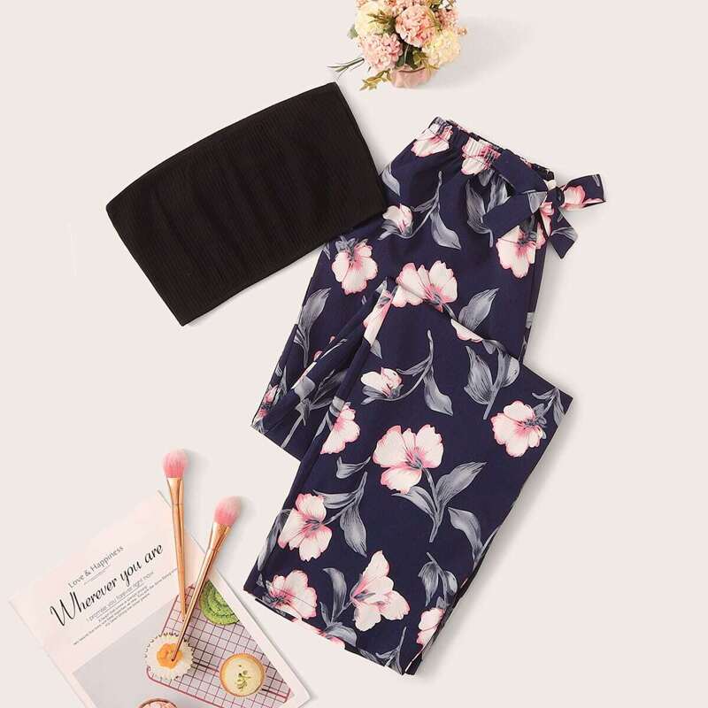 

Rib Bandeau With Satin Floral Pants PJ Set, Multicolor