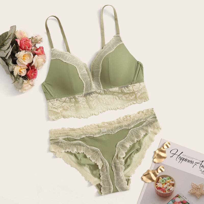 

Floral Lace Trim Lingerie Set, Green