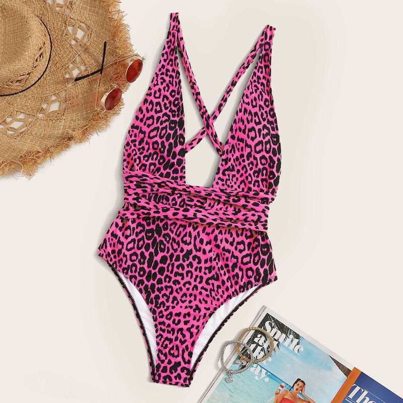 

Leopard Criss Cross One Piece Swimwear, Pink bright