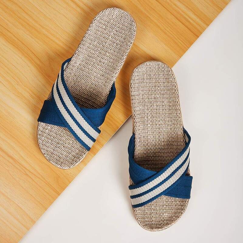 

Guys Striped Linen Slippers, Blue