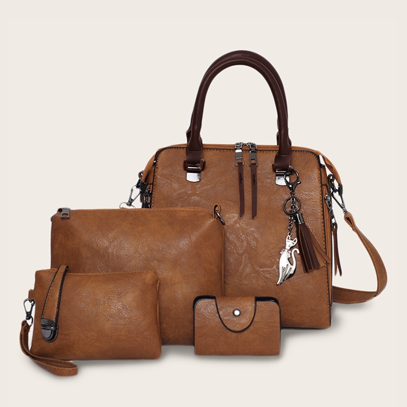 

Tassel Decor Satchel Bag With Purse 4pcs, Brown