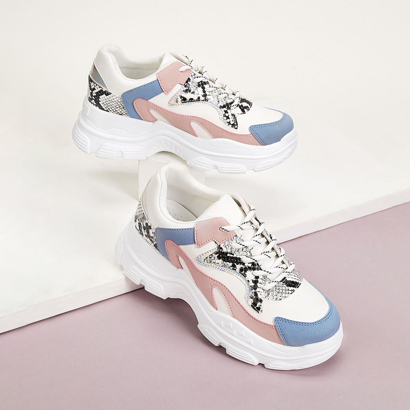 

Lace-up Front Snakeskin Chunky Sneakers, Multicolor